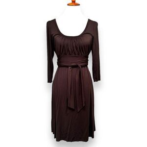 🍀Three Dots Women’s A-line Dress Brown 3/4 Sleeve Ruched Stretch Knit Large
